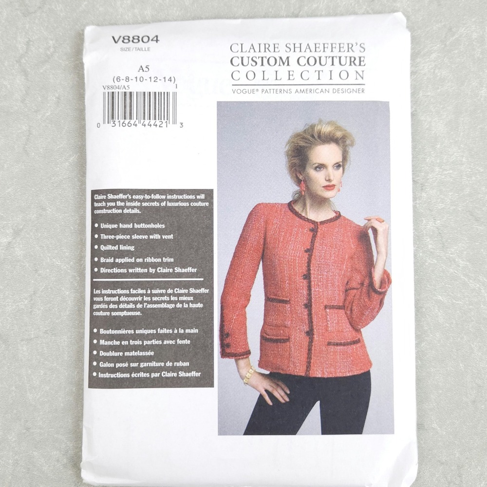 Vogue V8804 Claire Shaeffer Couture Chanel Style Jacket Sewing Pattern Sz 6-14